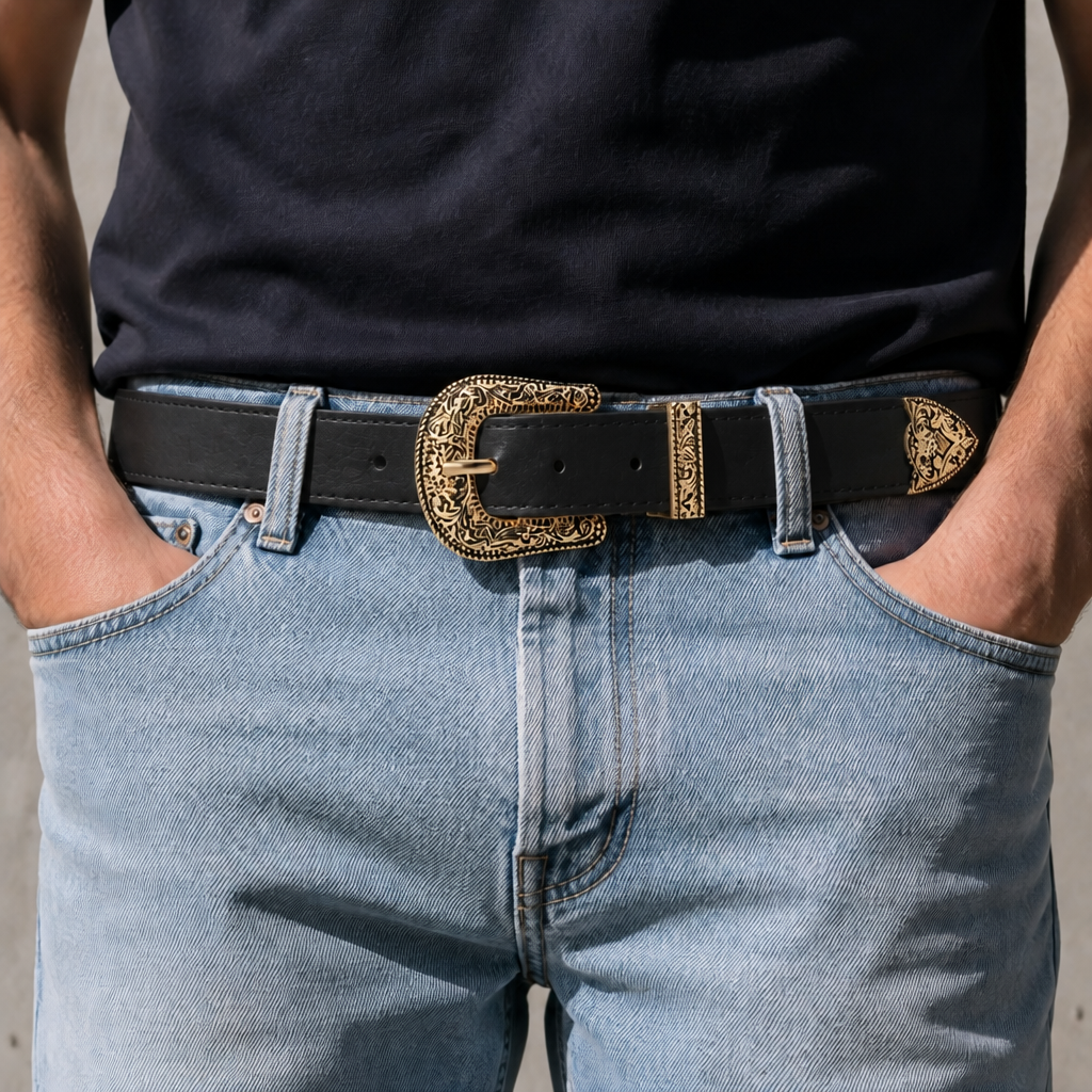 Ceinture boucle western homme noire à boucle or vieilli portée sur un jean