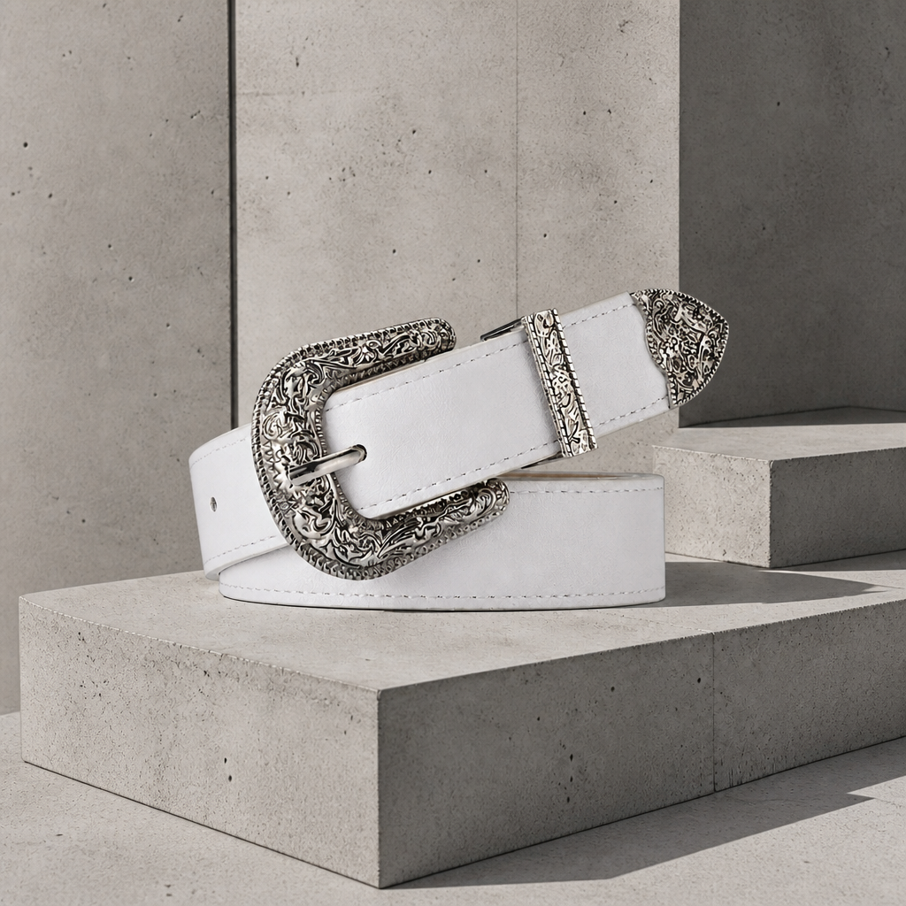 Ceinture boucle western homme blanche, boucle, passant et embout ciselés argent vieilli