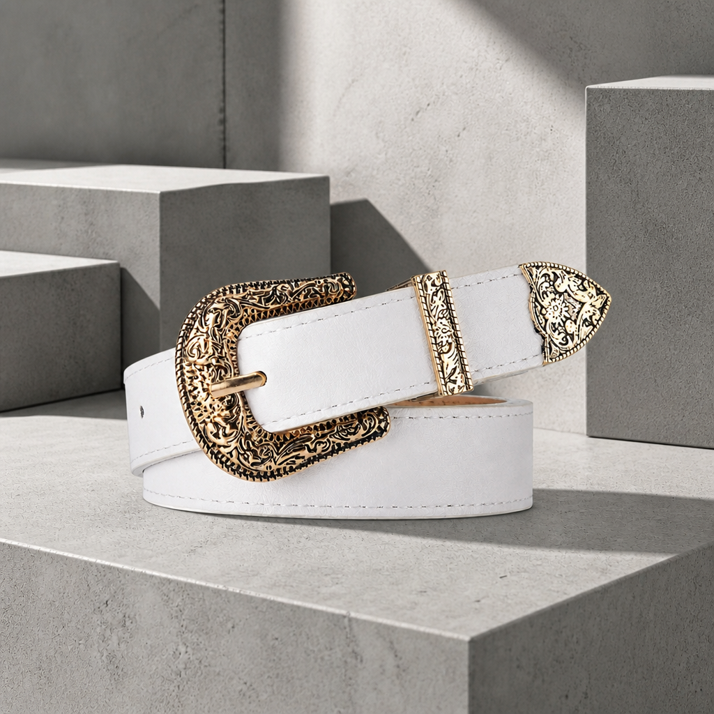Ceinture boucle western homme blanche, boucle, passant et embout ciselés or vieilli