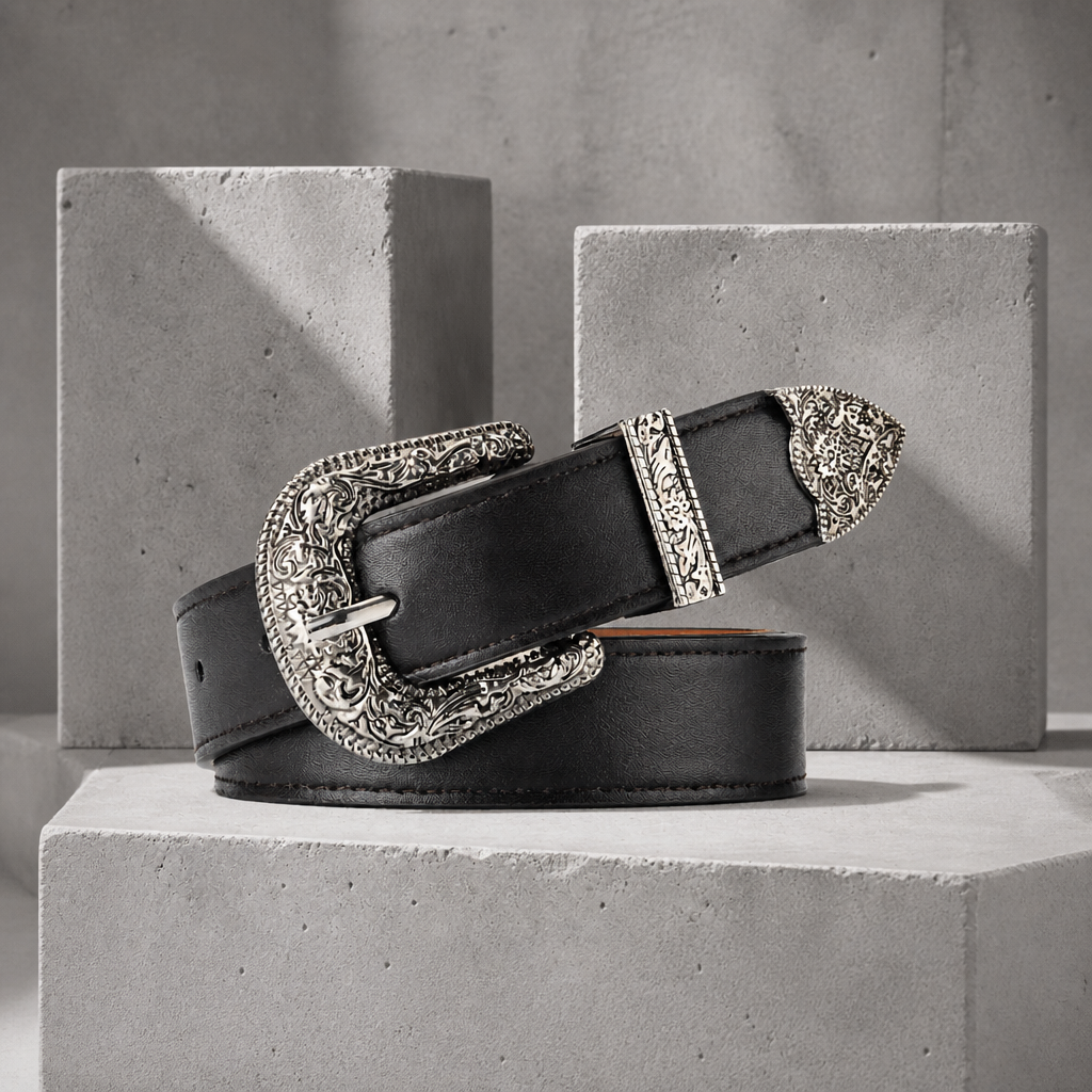 Ceinture boucle western homme noire, boucle ciselée argent vieilli et embout pointu