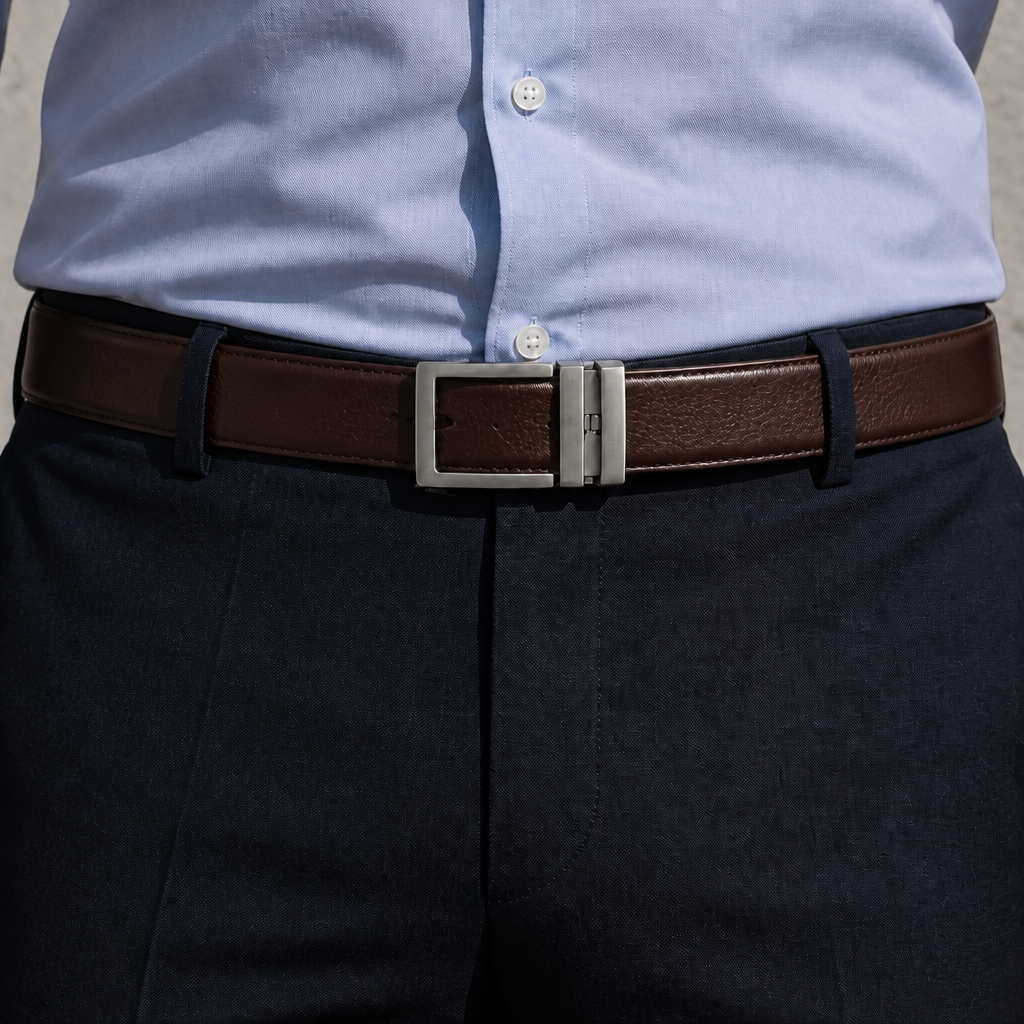 Ceinture classique homme marron portée à la taille sur un pantalon marine et une chemise bleu clair