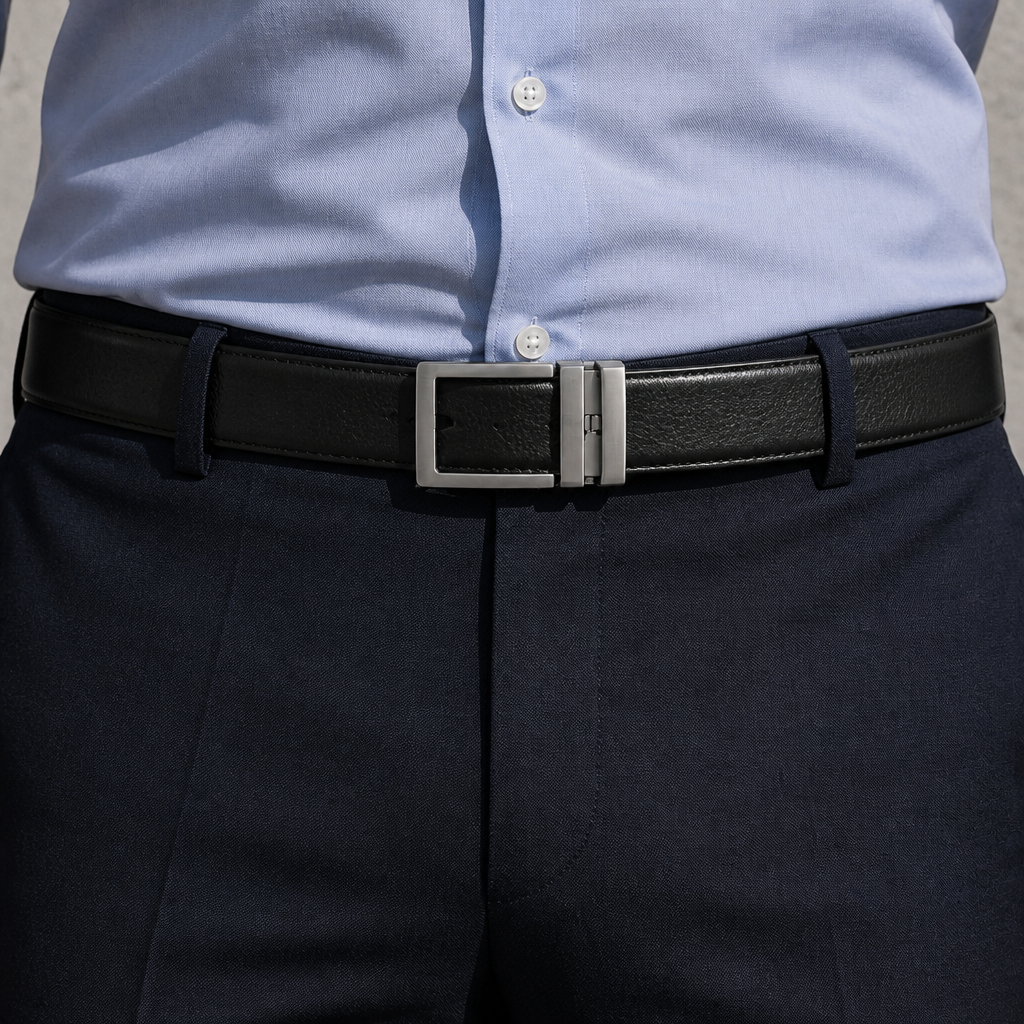 Ceinture classique homme noire portée à la taille sur un pantalon marine et une chemise bleu clair
