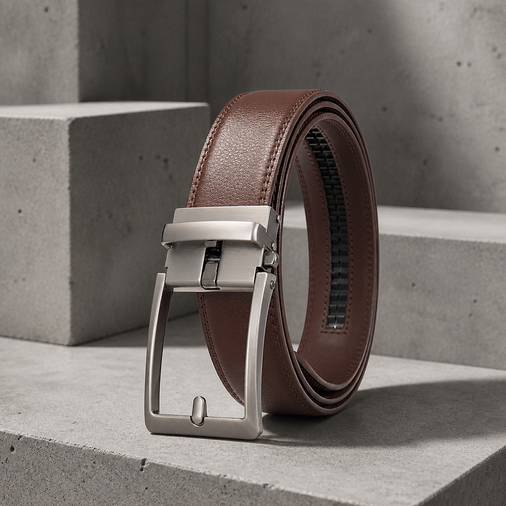 Ceinture classique homme marron café, même boucle automatique en métal brossé, sur fond béton
