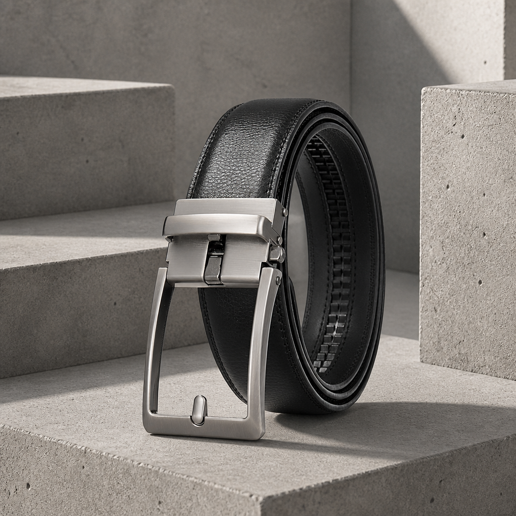 Ceinture classique homme noire, cuir de vachette et boucle automatique en métal brossé, sur fond béton