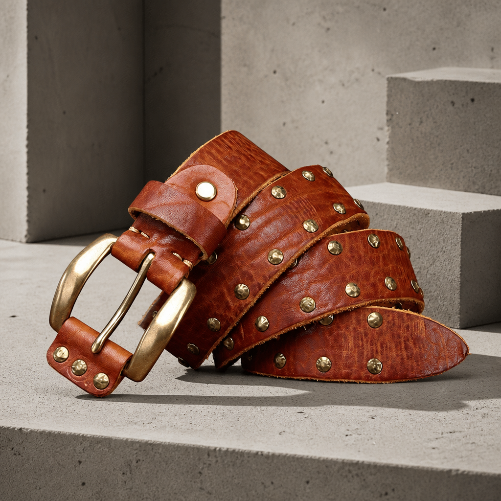 Ceinture cloutée homme en cuir camel aux reflets cognac, rivets dorés et boucle en laiton