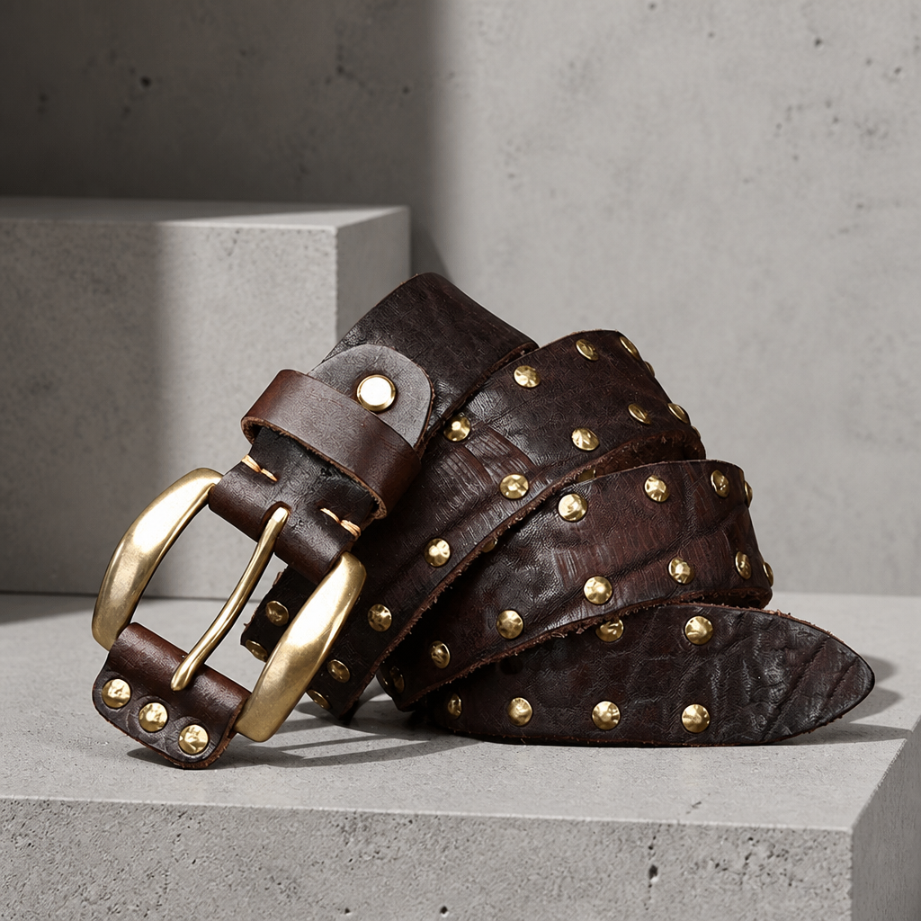 Ceinture cloutée homme en cuir marron craquelé, rivets dorés et boucle en laiton