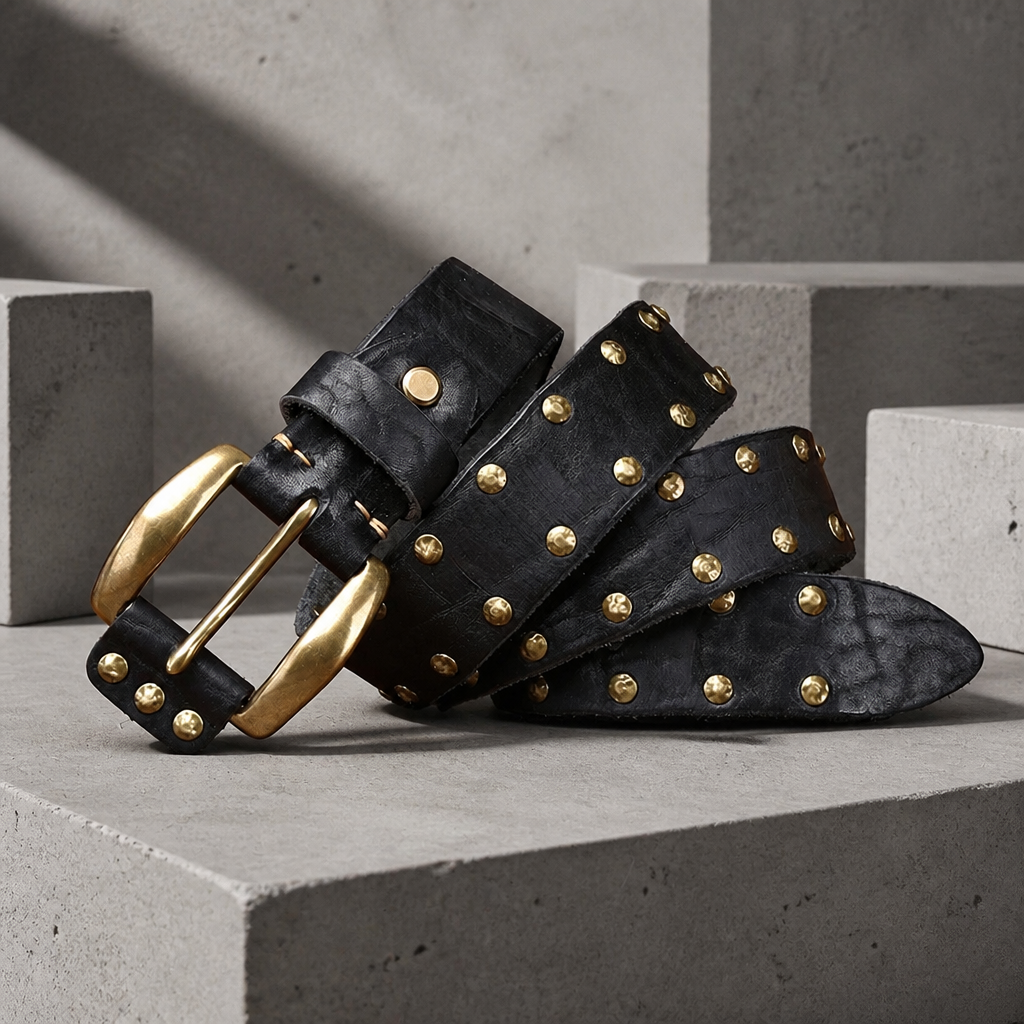 Ceinture cloutée homme en cuir noir délavé, rivets dorés et boucle fer à cheval en laiton