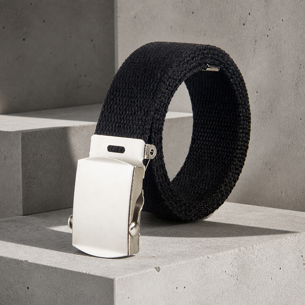 Ceinture coulissante homme noire en toile épaisse, boucle plaque argentée brossée