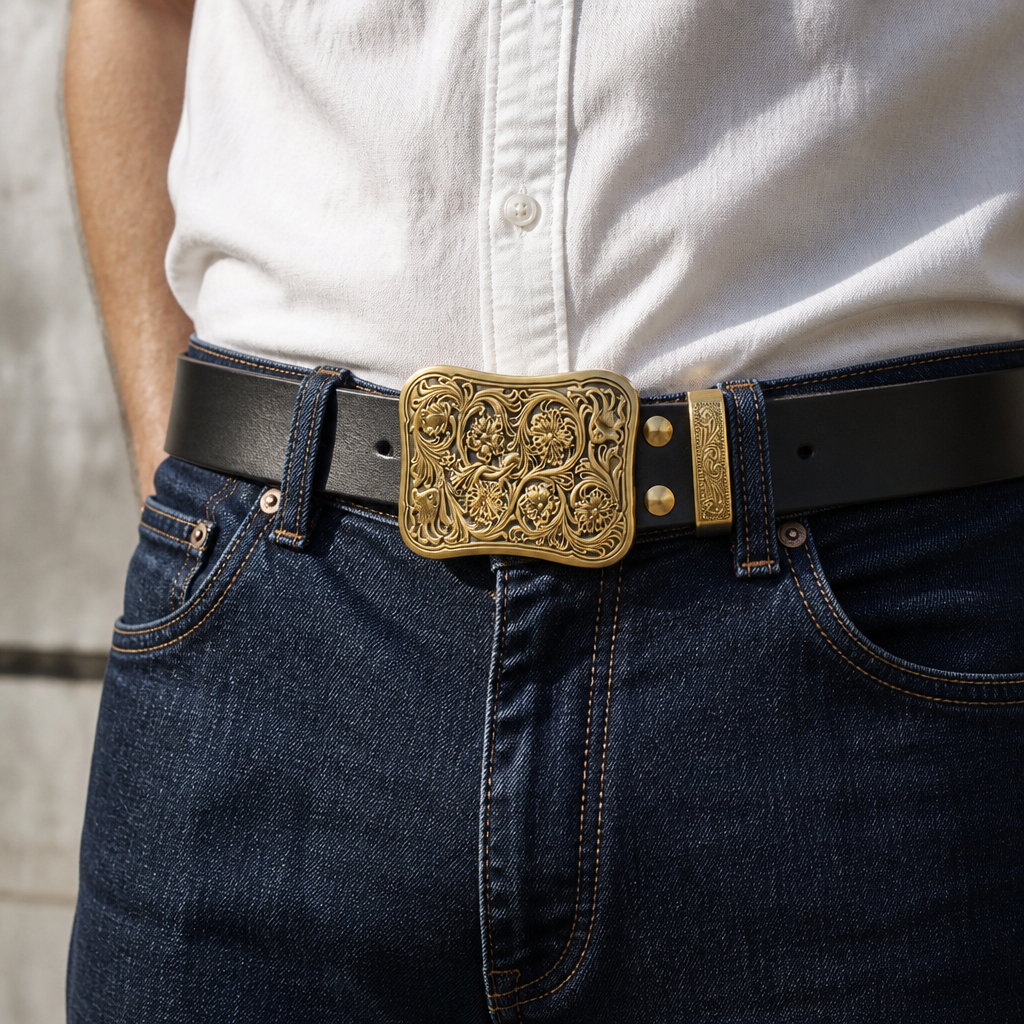 Homme portant la ceinture cowboy noire bouclée sur un jean brut