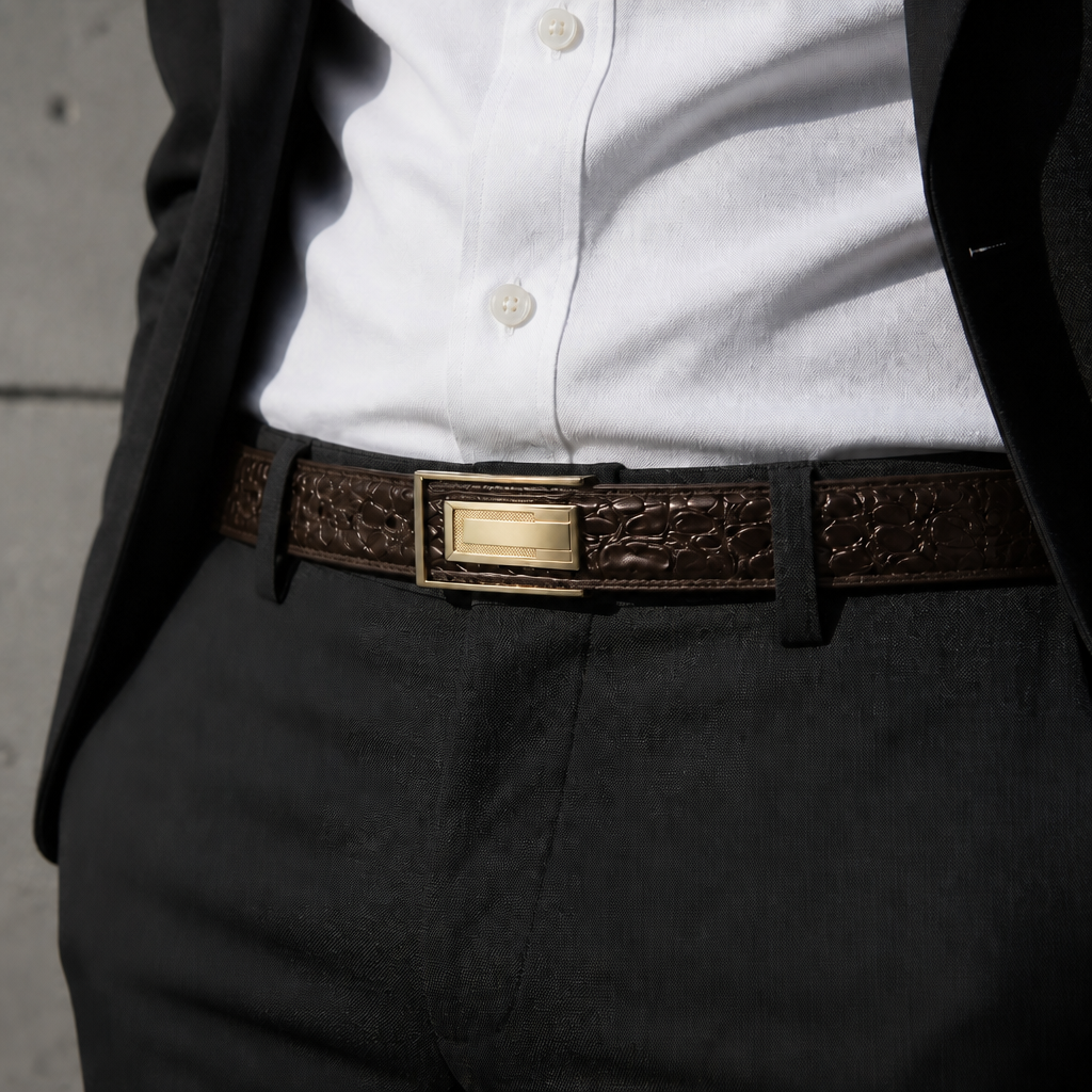 Ceinture crocodile homme café portée à la taille sur un costume noir et une chemise blanche
