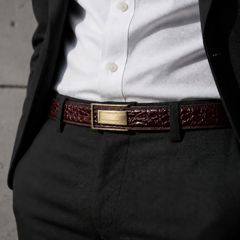 Ceinture crocodile homme marron acajou portée à la taille sur un costume noir et une chemise blanche