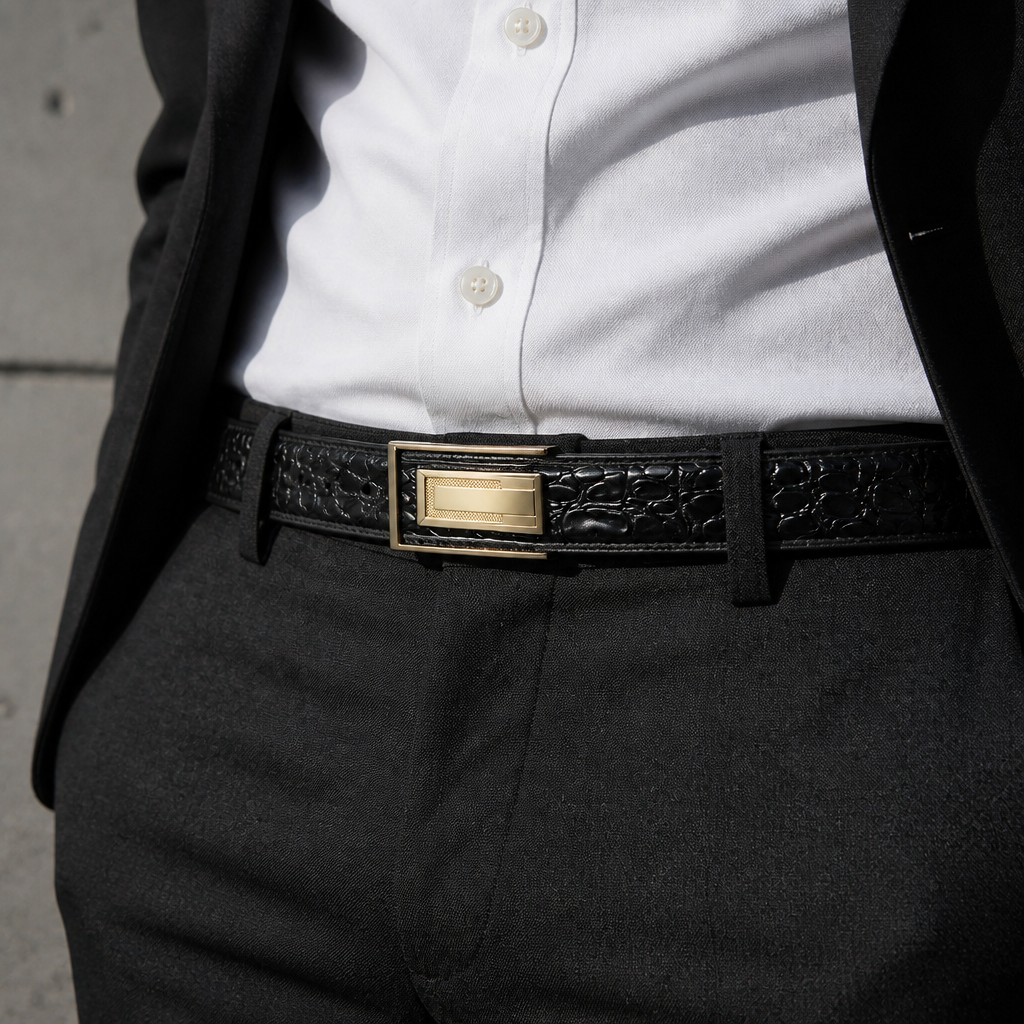 Ceinture crocodile homme noire portée à la taille sur un costume noir et une chemise blanche