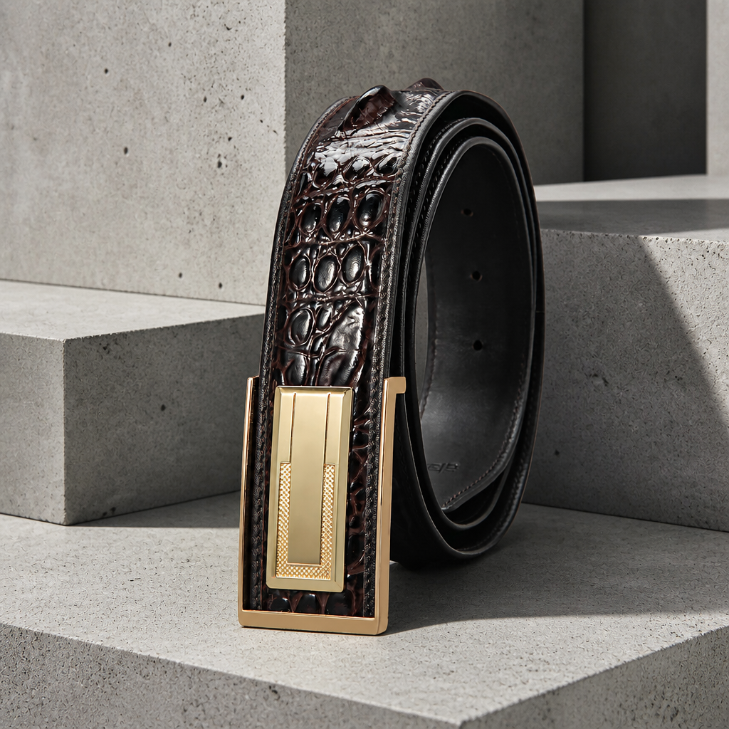 Ceinture homme café à grain crocodile estampé, même boucle à plaque dorée, sur fond béton