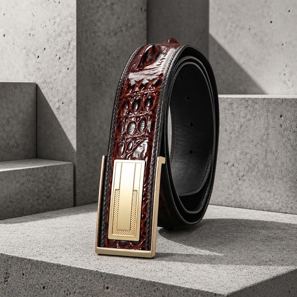 Ceinture homme marron acajou à grain crocodile estampé, même boucle à plaque dorée, sur fond béton