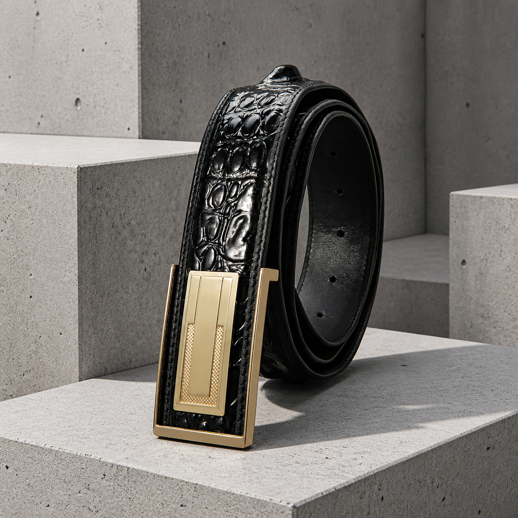 Ceinture homme noire à grain crocodile estampé, cuir de vachette fleur et boucle à plaque dorée, sur fond béton