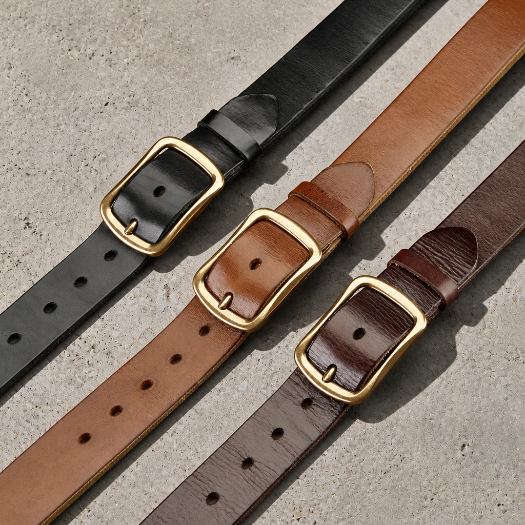 Les trois teintes de la ceinture cuir épais homme : noir, camel et marron