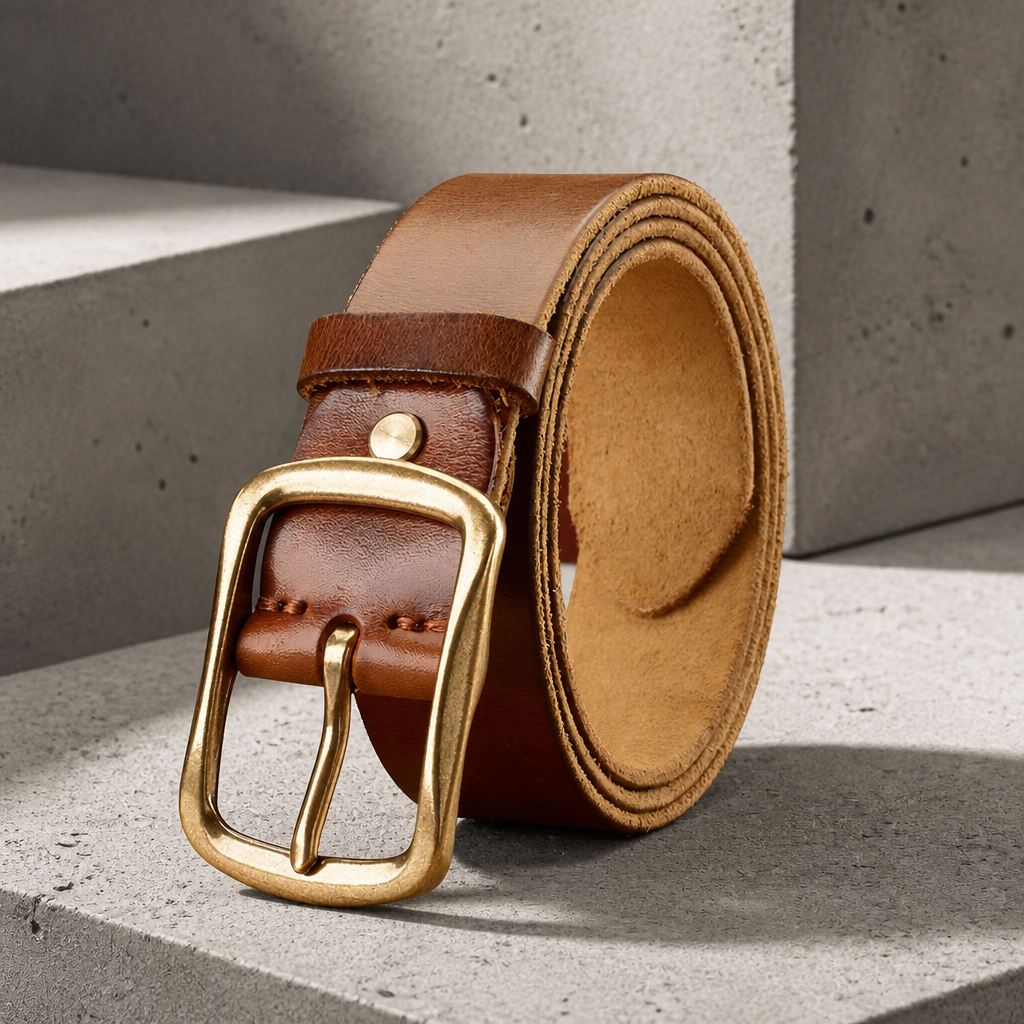 Ceinture cuir épais homme camel, revers velouté et boucle en laiton