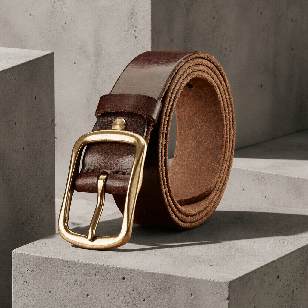 Ceinture cuir épais homme marron foncé, bords bruts et boucle en laiton