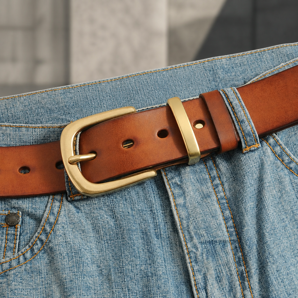Ceinture camel bouclée sur un jean clair, boucle en cuivre brossé