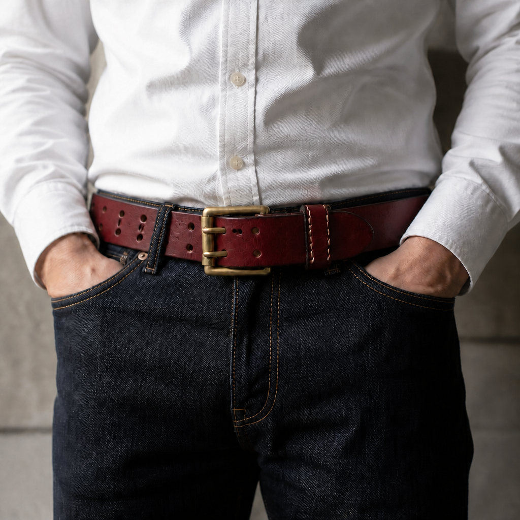 Ceinture cuir homme double ardillon bordeaux portée sur un jean brut