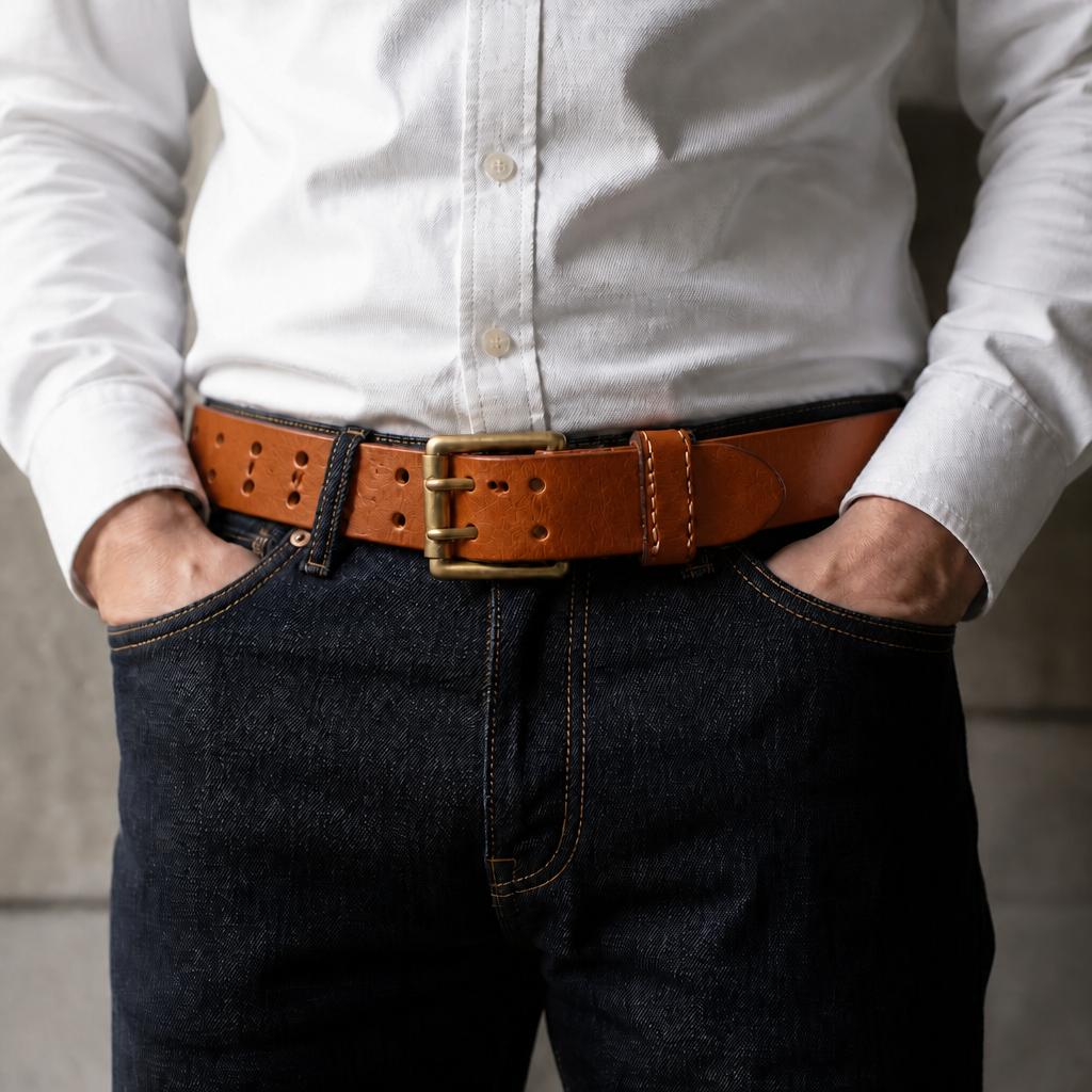 Ceinture cuir homme double ardillon camel portée sur un jean brut