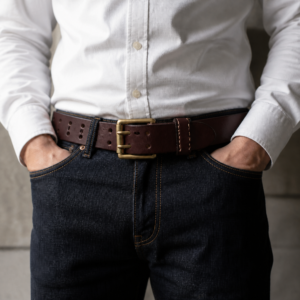 Ceinture cuir homme double ardillon marron portée sur un jean brut