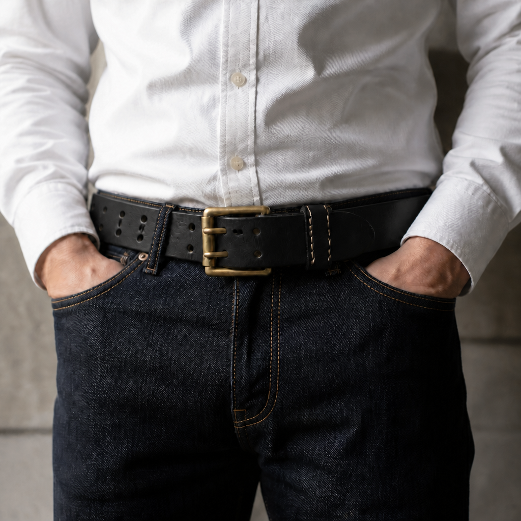 Ceinture cuir homme double ardillon noire portée sur un jean brut et une chemise blanche