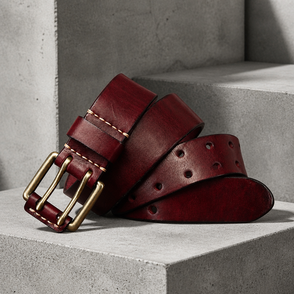 Ceinture cuir homme bordeaux à double ardillon en laiton