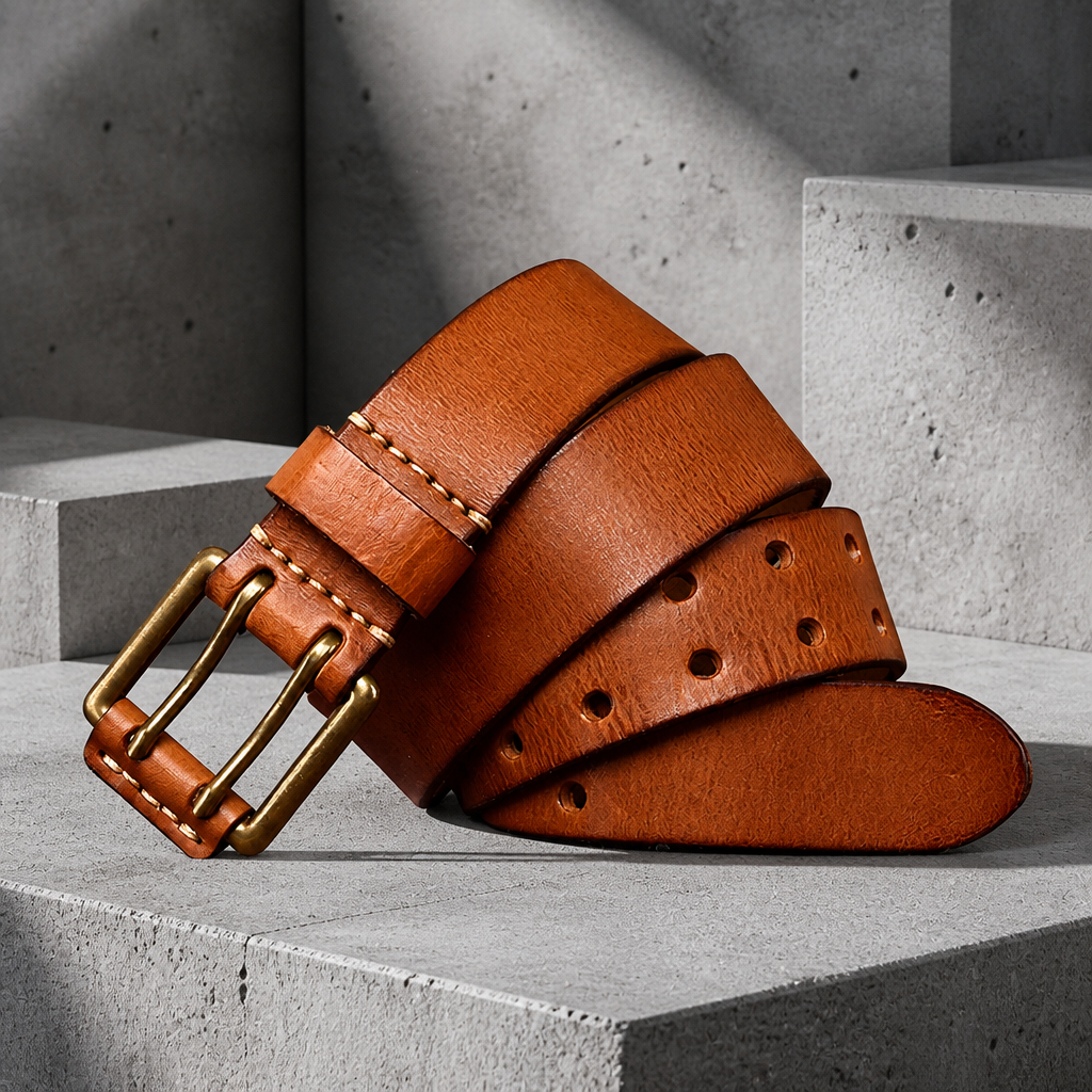 Ceinture cuir homme camel à double ardillon, boucle en laiton