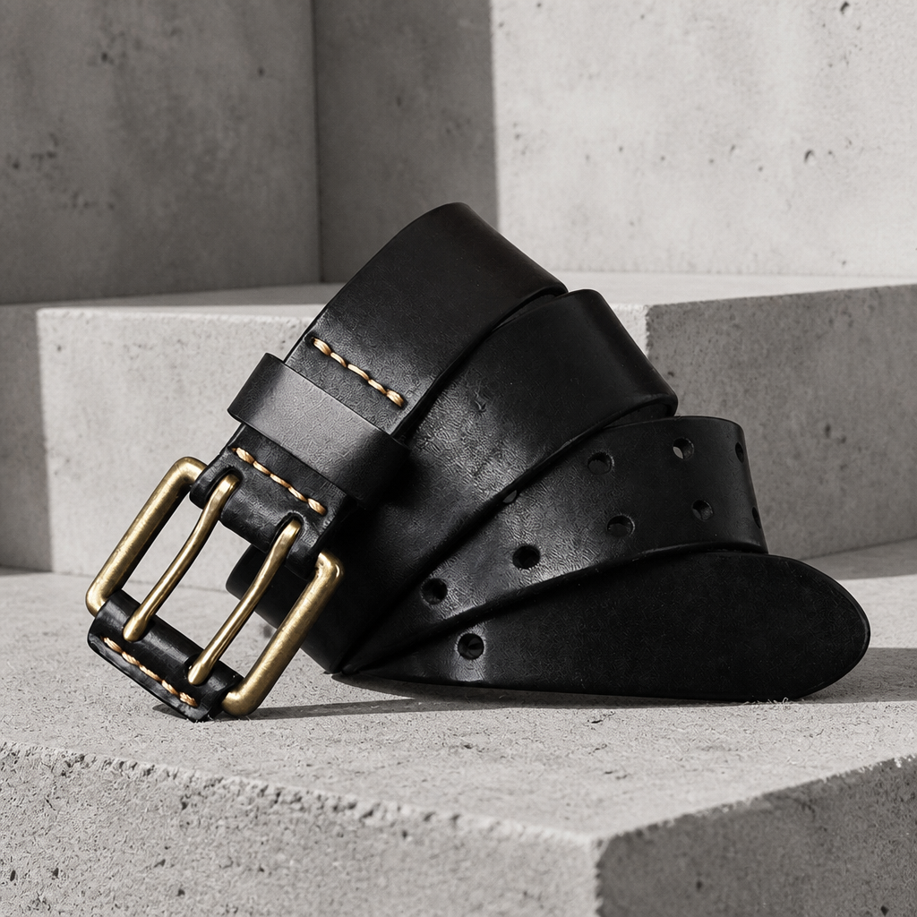 Ceinture cuir homme noire à double ardillon, boucle en laiton et surpiqûre crème