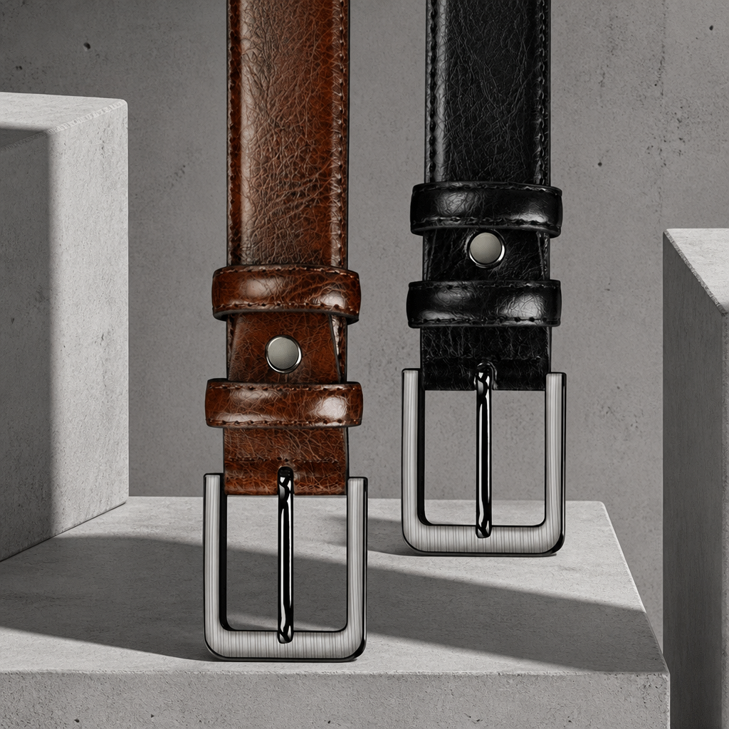 Têtes de ceinture marron et noire côte à côte, passants nervurés et boucles anthracite