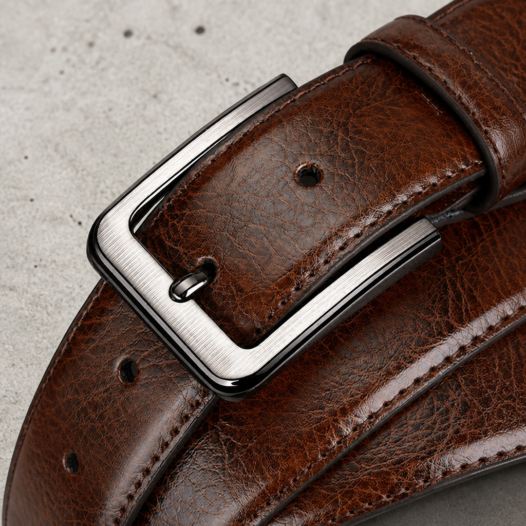 Boucle à ardillon anthracite et grain du cuir marron, vue rapprochée