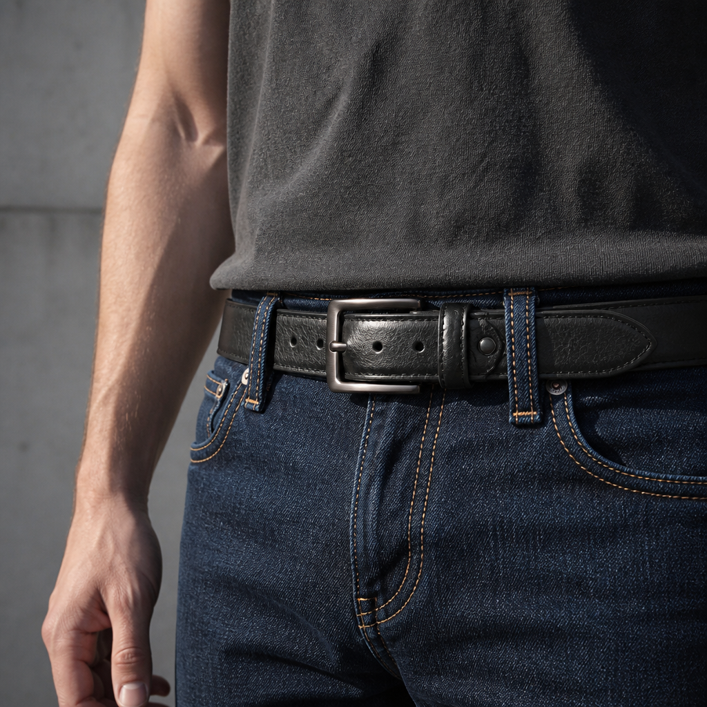Ceinture cuir homme noire bouclée sur un jean brut, tee-shirt anthracite