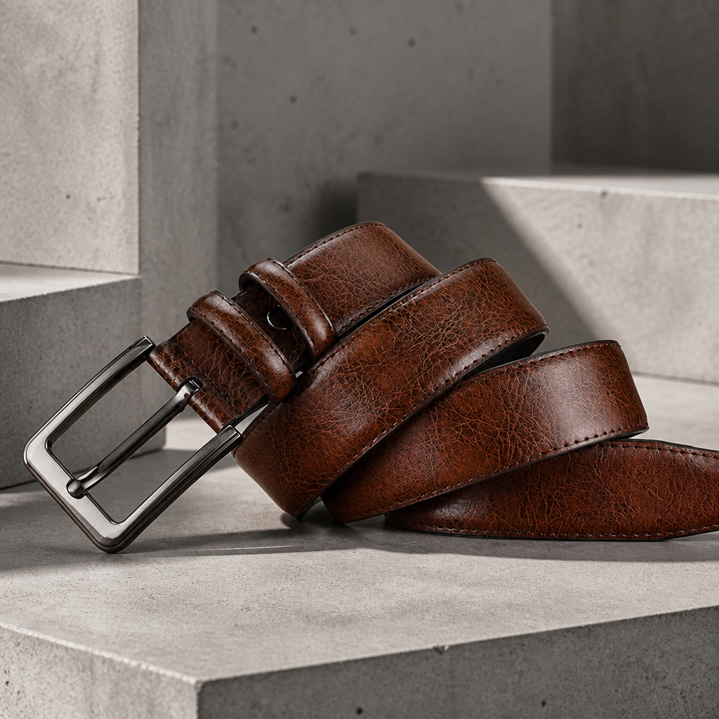 Ceinture cuir homme pour jean marron, boucle anthracite mate, sur un bloc de béton