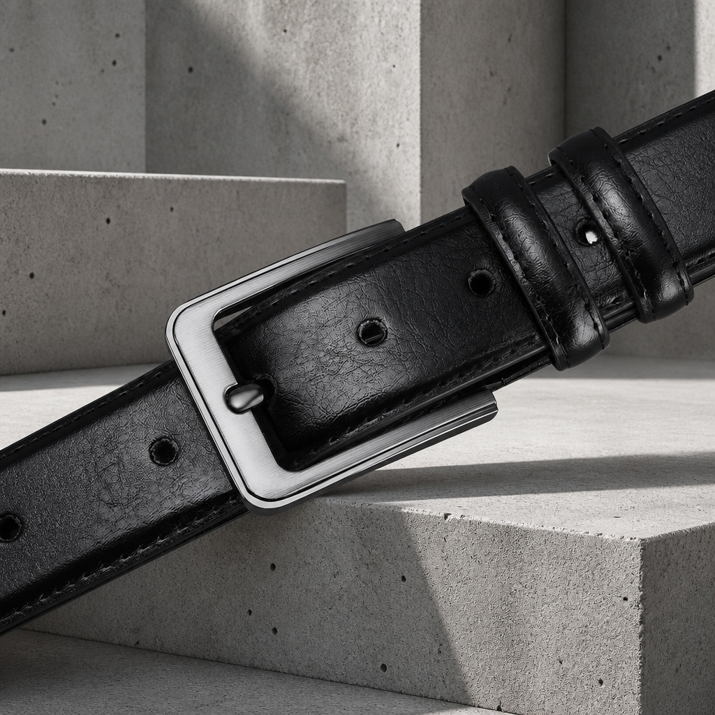 Rangée de trous et surpiqûre d'une ceinture cuir homme noire, vue de trois quarts