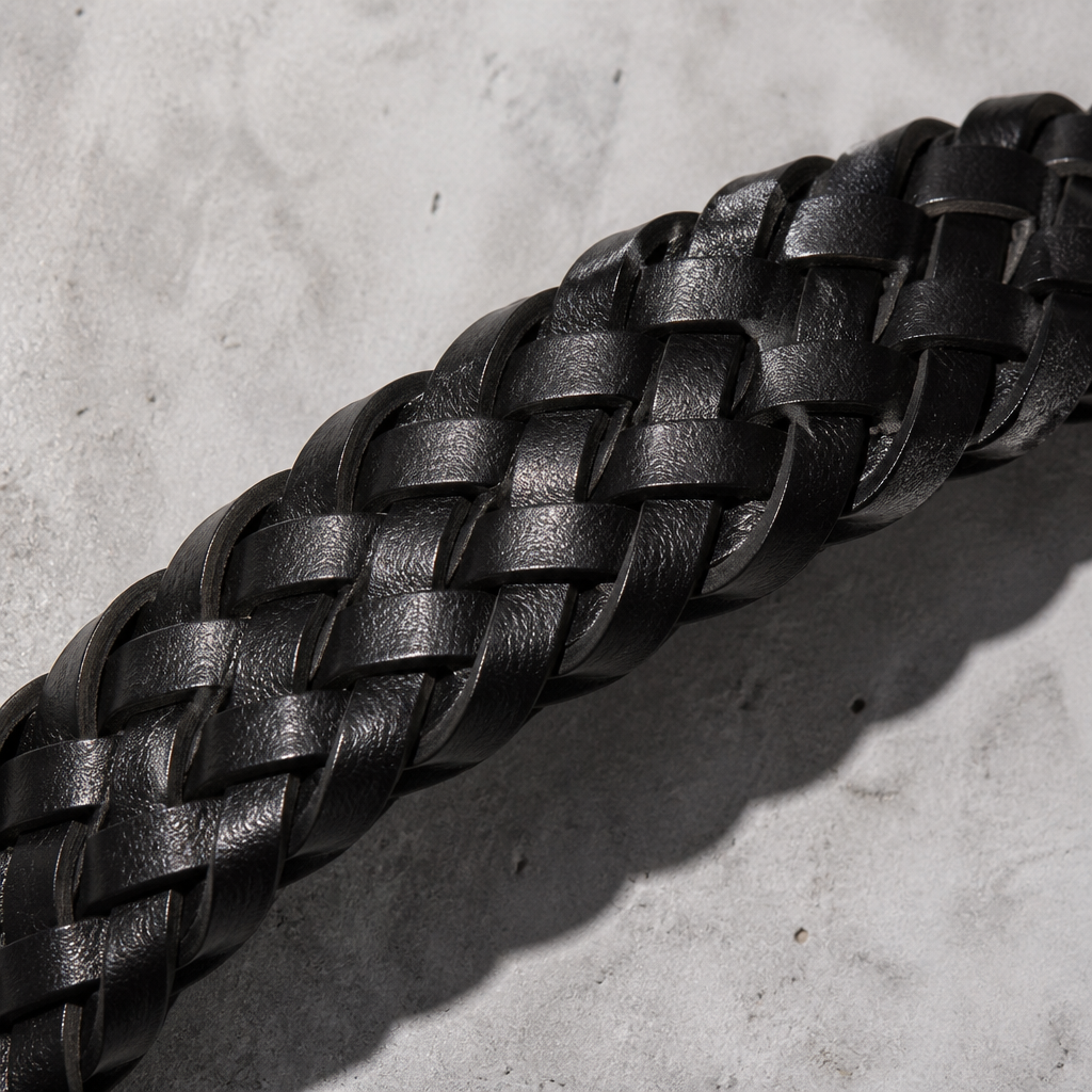 Macro du tressage de cuir de vachette d'une ceinture homme, brins entrelacés