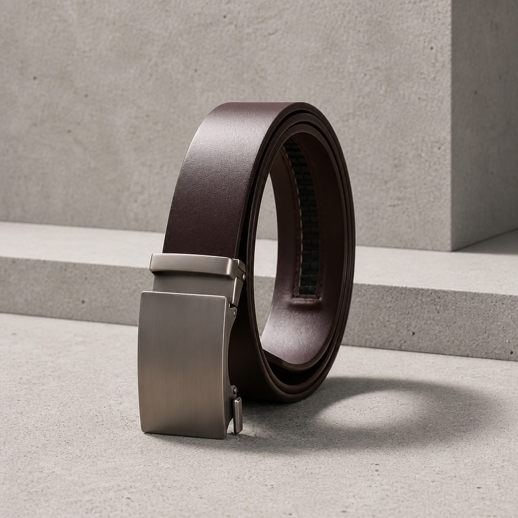 Ceinture homme en cuir de vache coloris café à boucle automatique, posée sur un bloc de béton