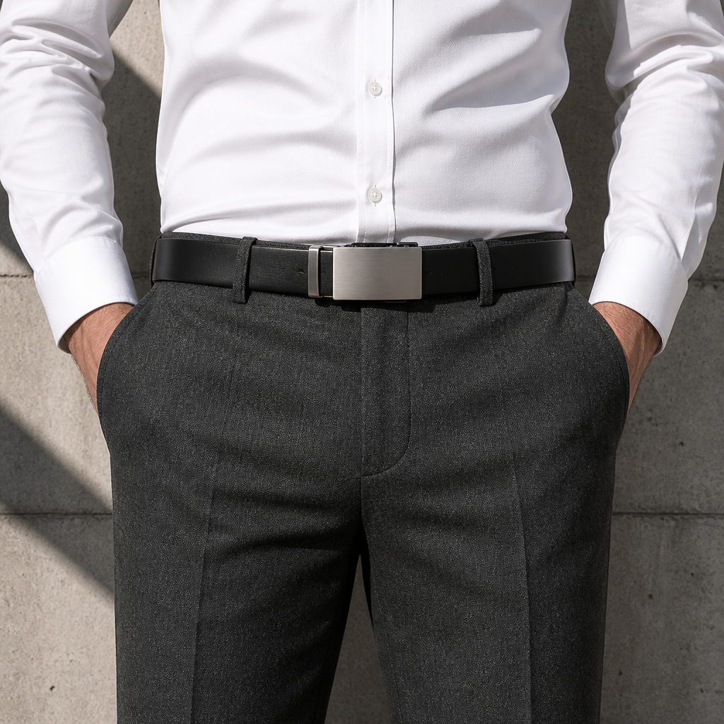 Ceinture en cuir noir à boucle automatique portée à la taille avec une chemise blanche et un pantalon gris anthracite