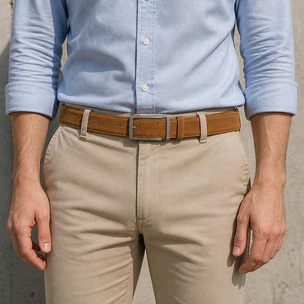 Ceinture daim homme marron portée avec un chino beige et une chemise bleu ciel