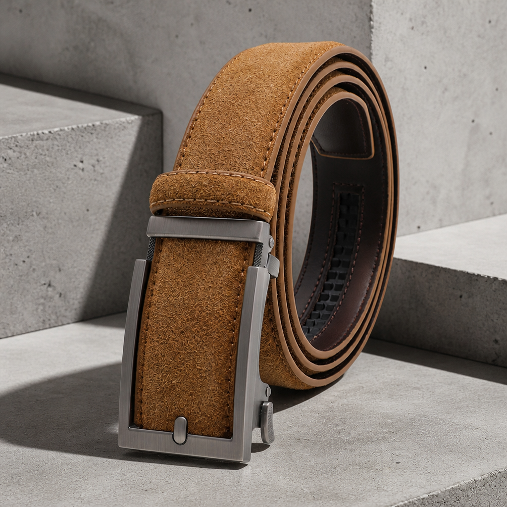 Ceinture daim homme marron enroulée, boucle automatique gris canon à cadre ouvert