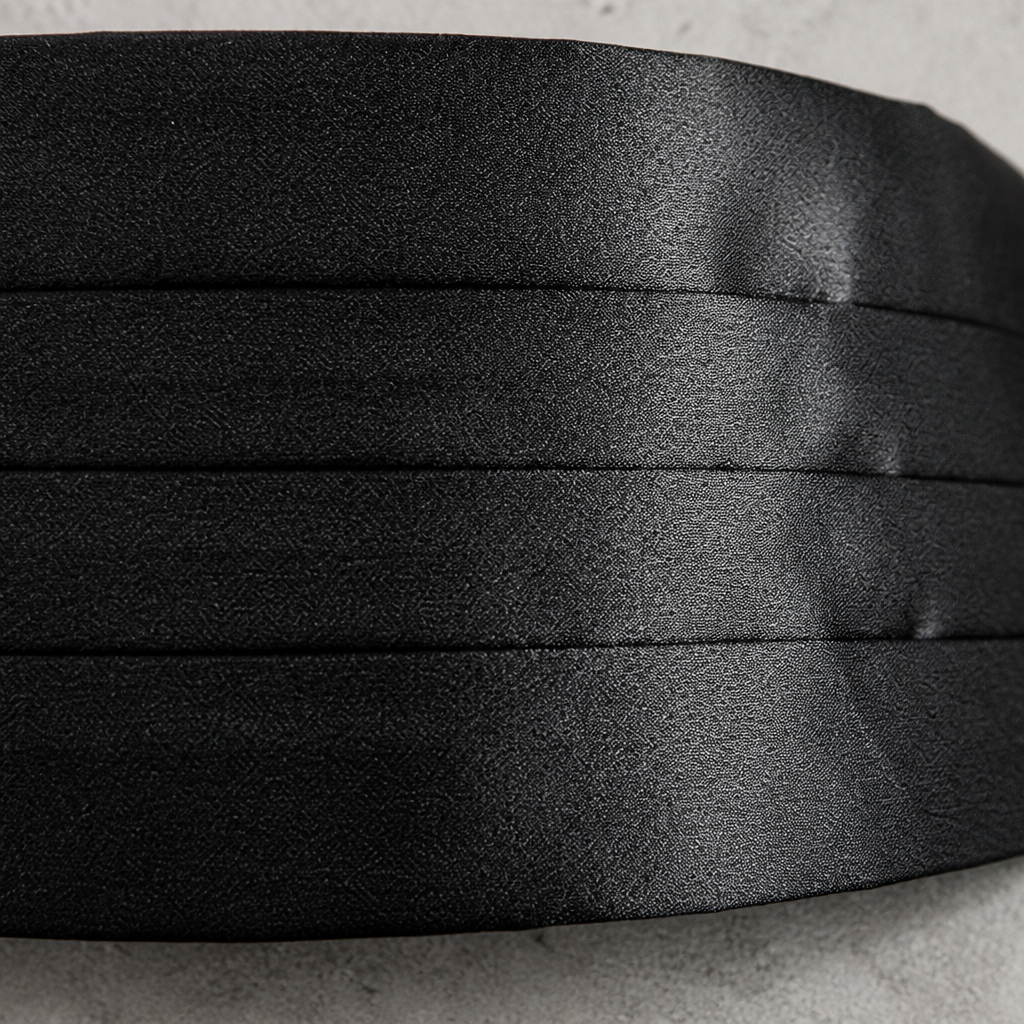 Détail des plis horizontaux et de l'éclat du satin noir