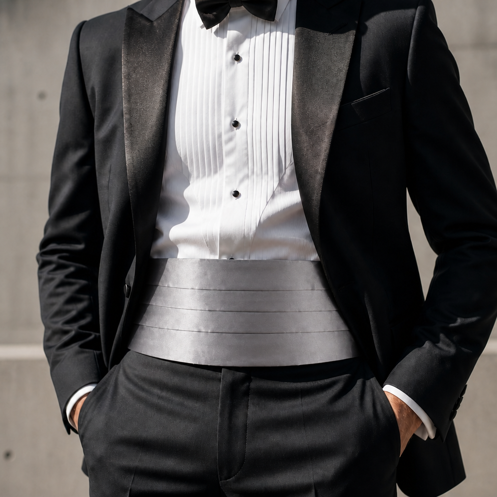 Ceinture de smoking homme argent portée sous une veste de smoking ouverte