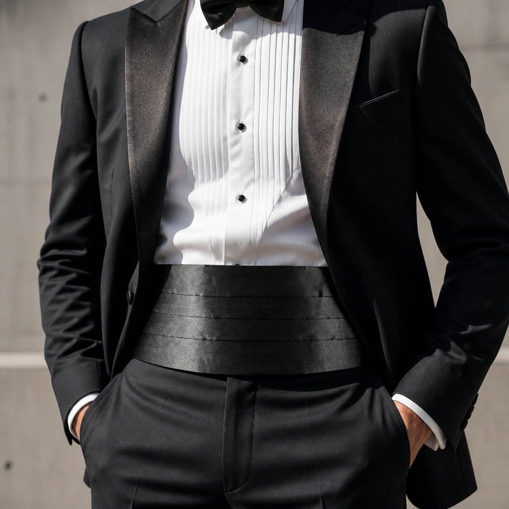 Ceinture de smoking homme noire portée sous une veste de smoking ouverte