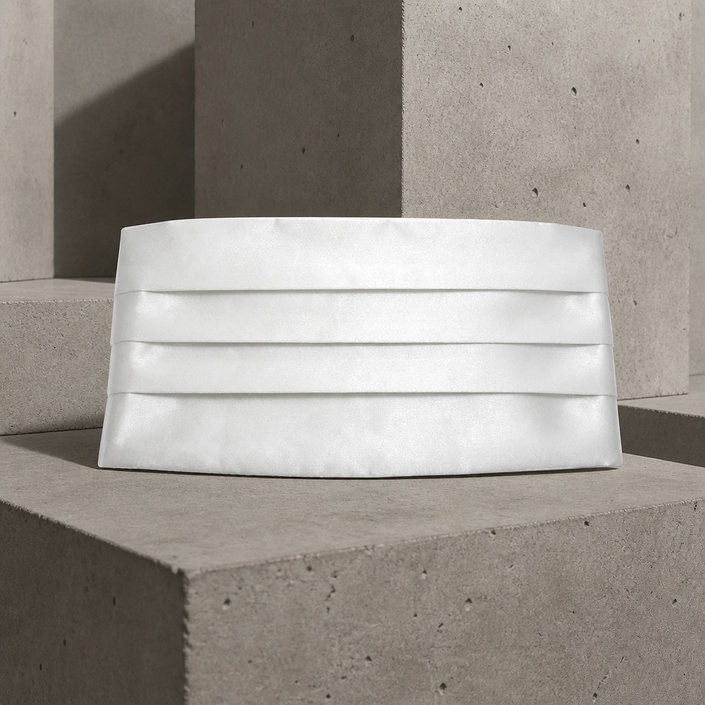 Ceinture de smoking homme en satin blanc plissé, posée sur un bloc de béton