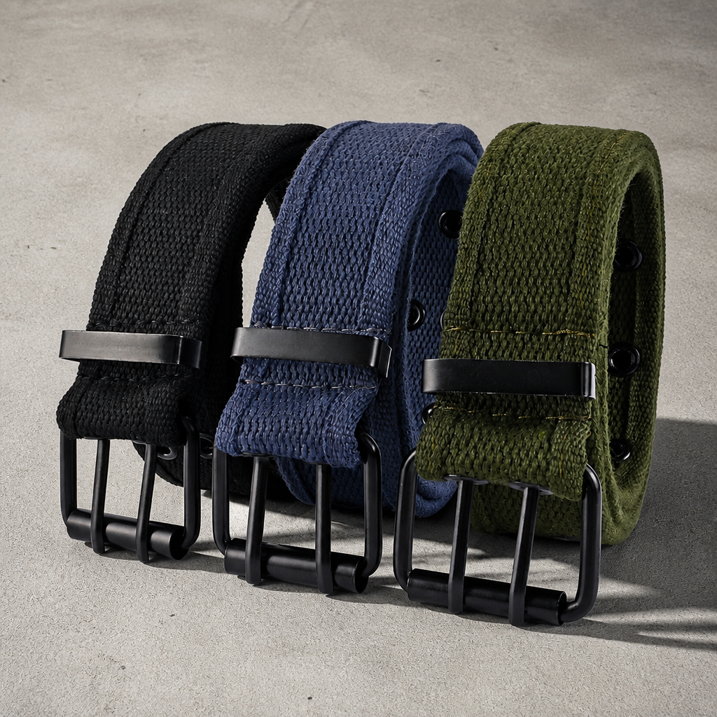 Trois ceintures de travail homme en toile roulées : noire, bleue et verte