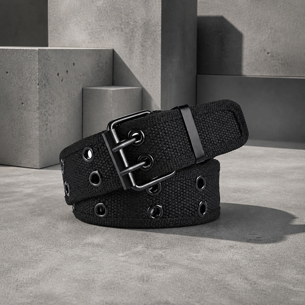 Ceinture de travail homme en toile noire, boucle à double ardillon et œillets noirs