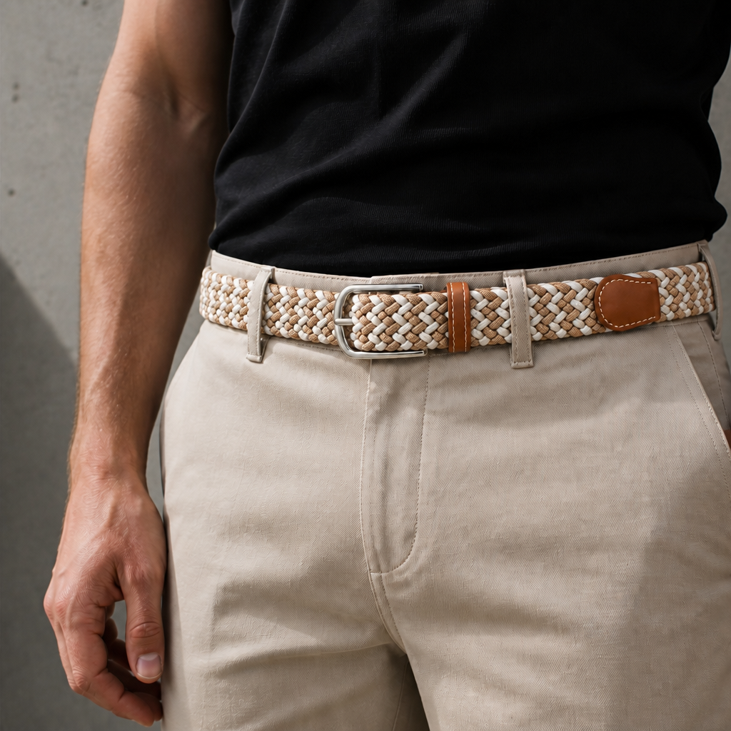 Ceinture décontractée homme beige portée à la taille sur un chino clair