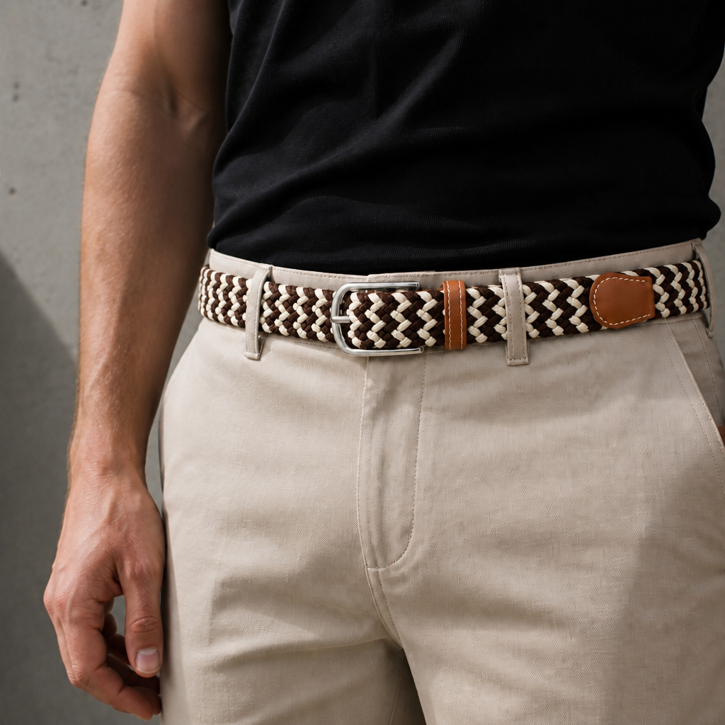 Ceinture décontractée homme marron portée à la taille sur un chino clair