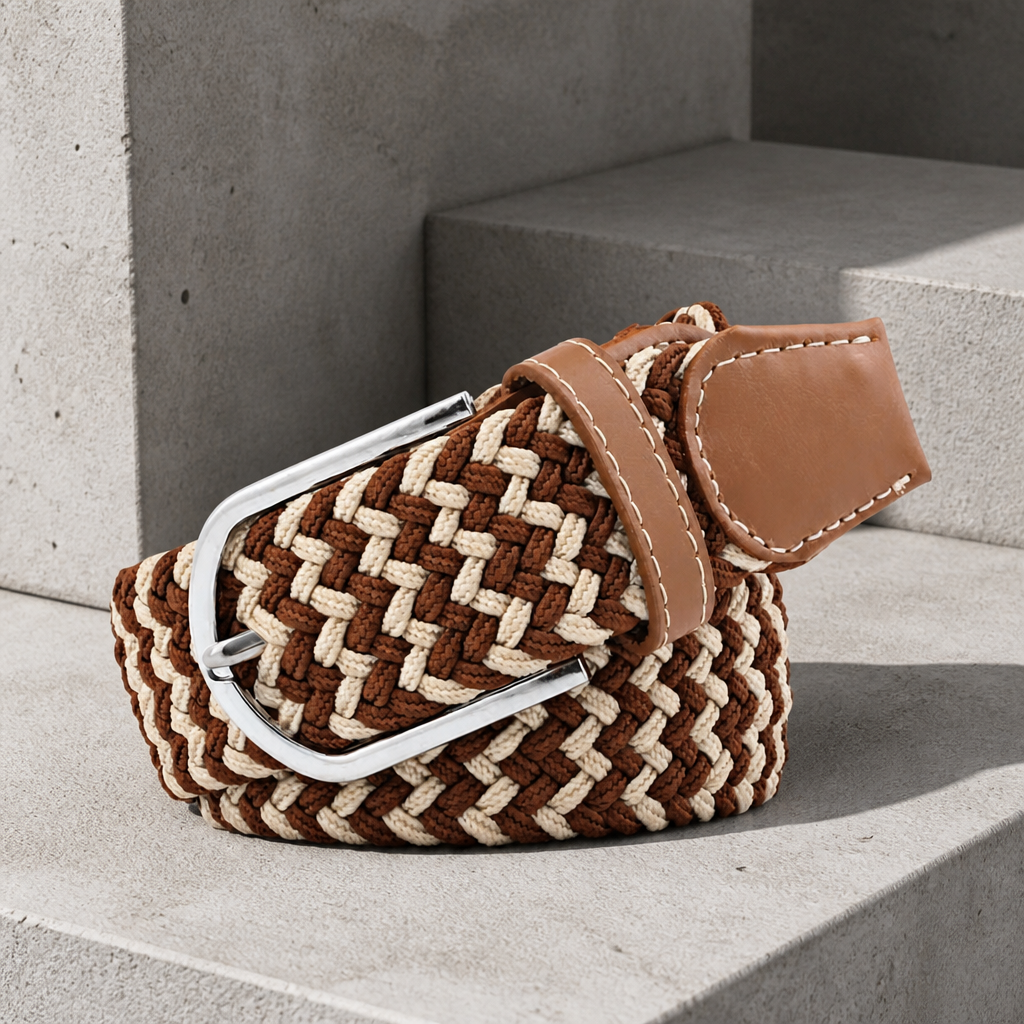 Ceinture décontractée homme marron et écru, toile tressée élastique