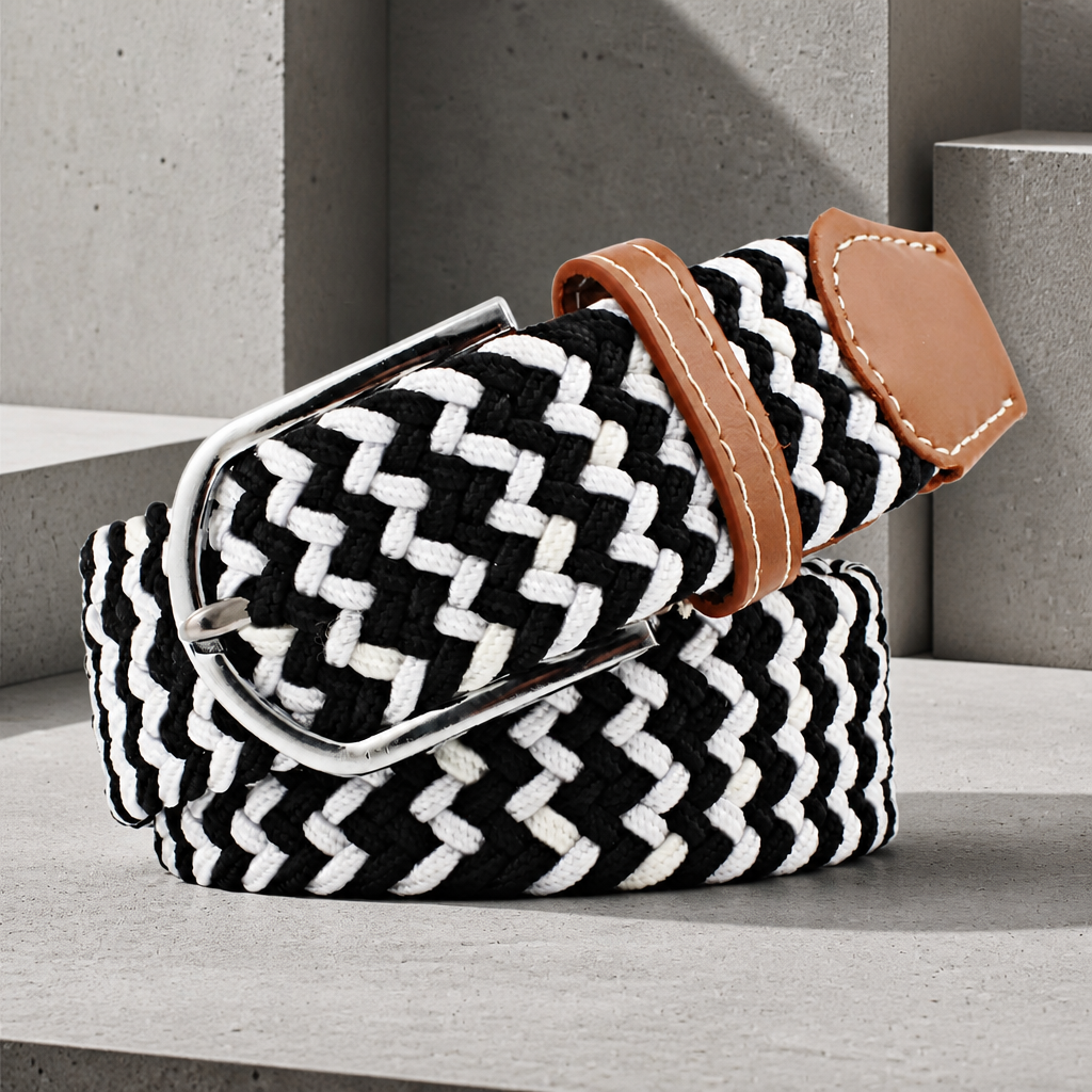 Ceinture décontractée homme, tressage élastique noir et blanc à chevrons, boucle à ardillon argentée
